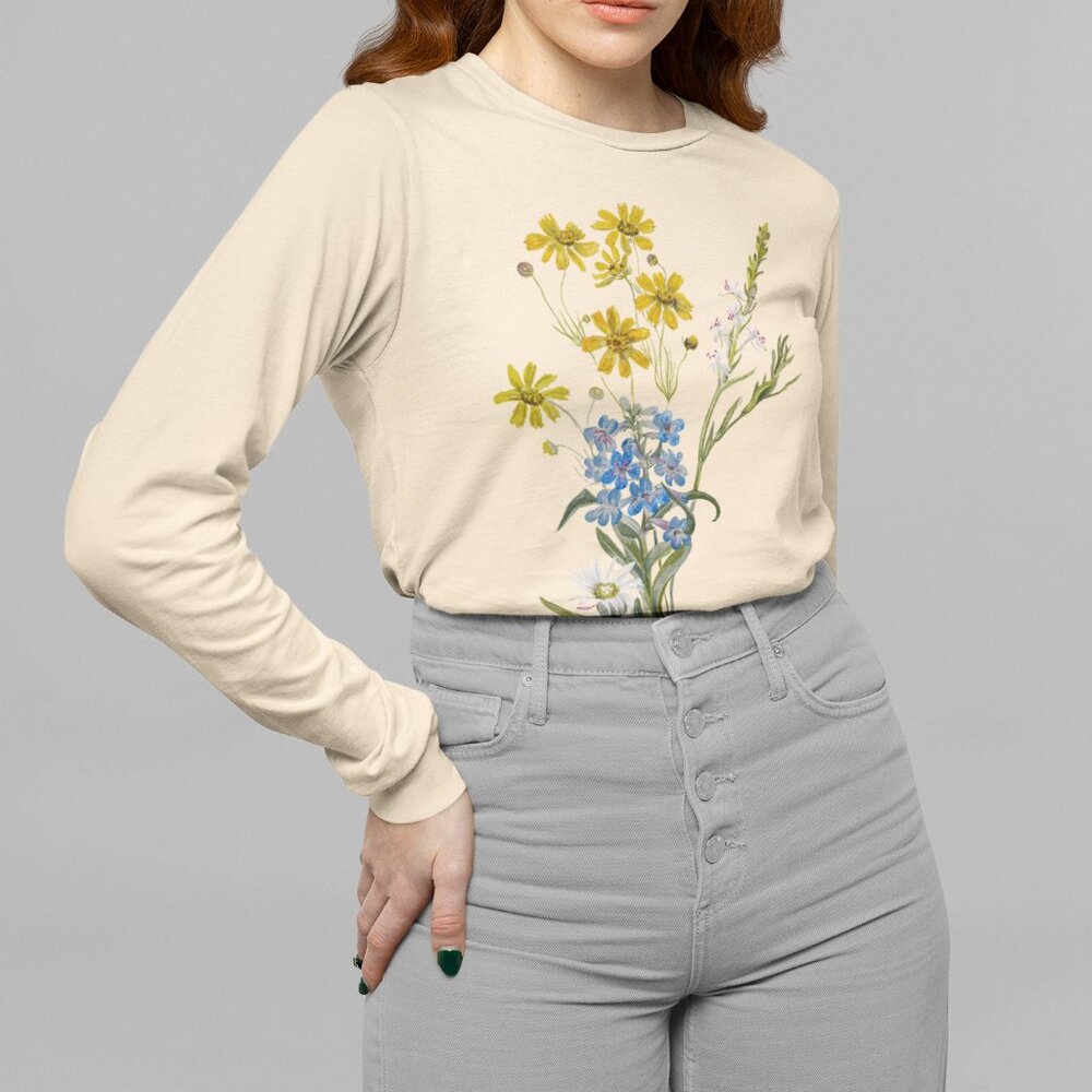 Mixed Wildflowers Vintage Floral Print Long Sleeve Graphic Tee T-shirt S M L XL